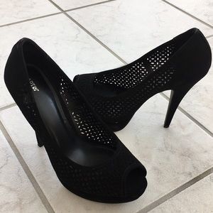Black suede peep toe heels